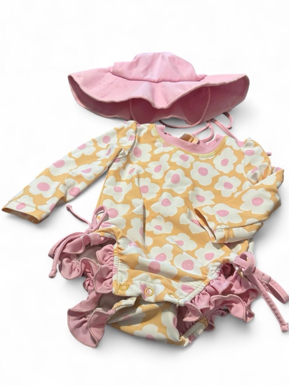 Caden Lane yellow & pink ruffle floral swimsuit & matching hat 3-6M